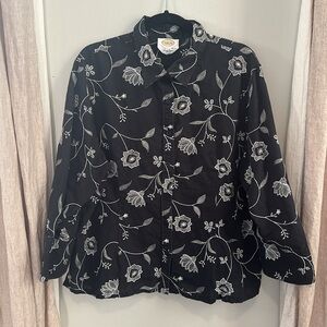 Talbots Linen-Blend Floral Embroidered Button-Down Shirt, Size L/XL